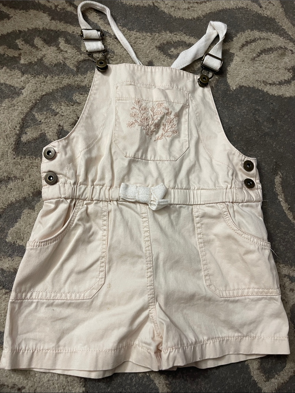 Girls Cream Embroidered Short Overalls with Adjustable Straps